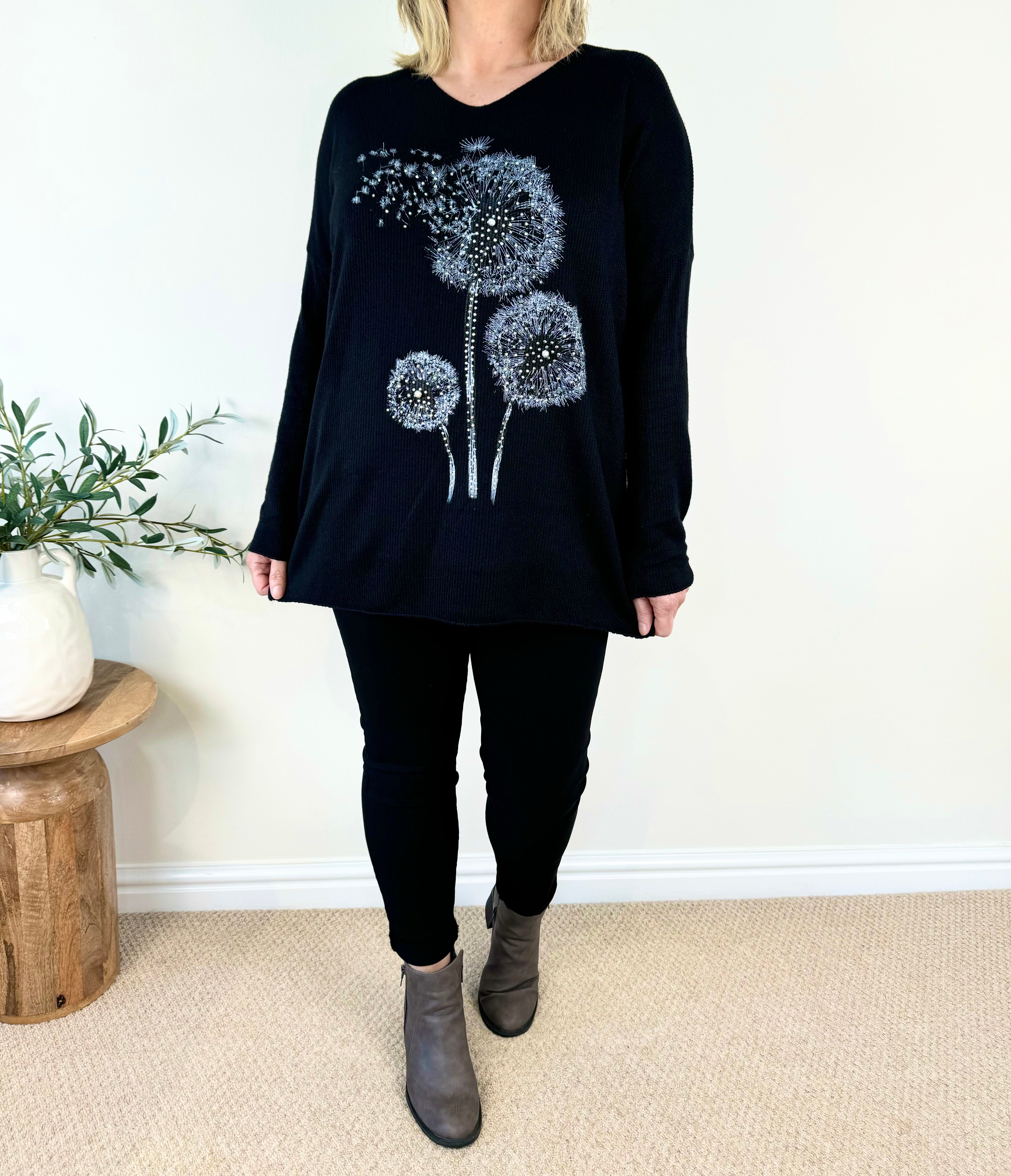 Wool Mix Diamanté Dandelion Ribbed Knit Top AW24