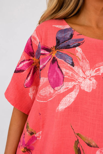 Pure Cotton Double Pocket Livia Tunic Top - Coral