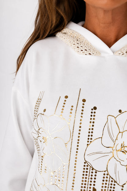 Crochet Hood/Hem Golden Flower Maxine Hoodie - White