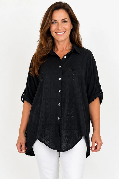 Pure Bubble Cotton Embroidery Anglaise Daphne Button Sleeve Shirt - Black