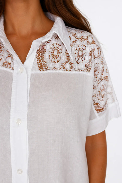 Lace Crochet Shoulder Alexandra Button Shirt - White