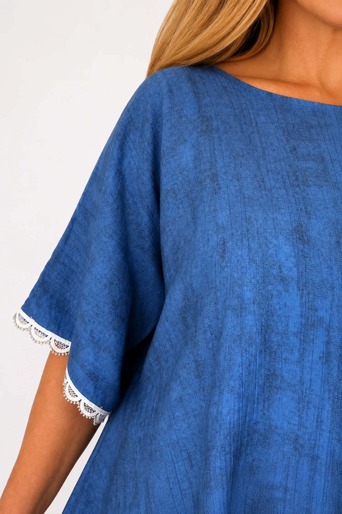 Lightly Textured Lace Trim Victoria Top - Washed Denim