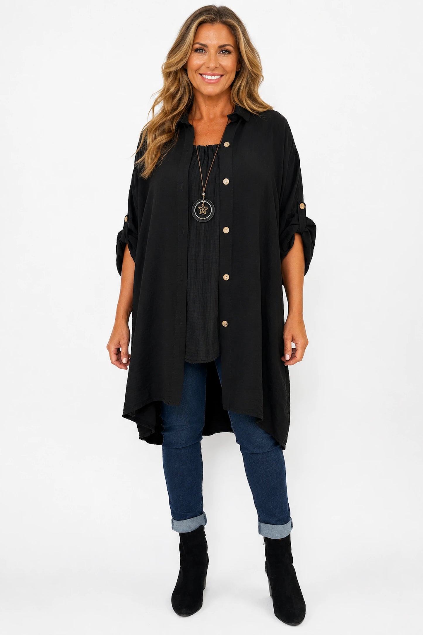 Button Sleeve Maxine Longline Button Shirt - Black
