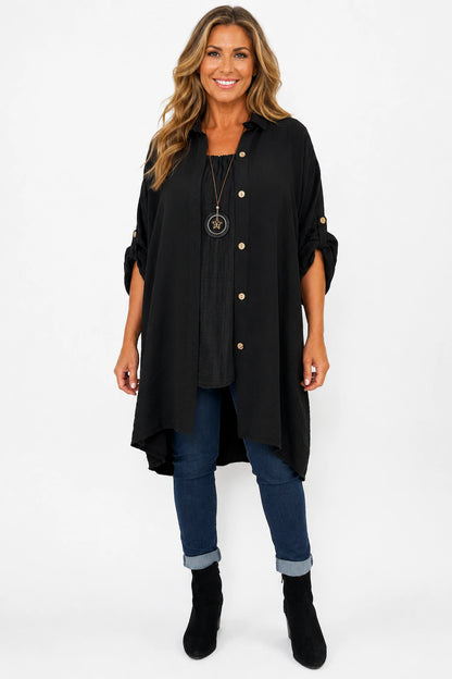 Button Sleeve Maxine Longline Button Shirt - Black