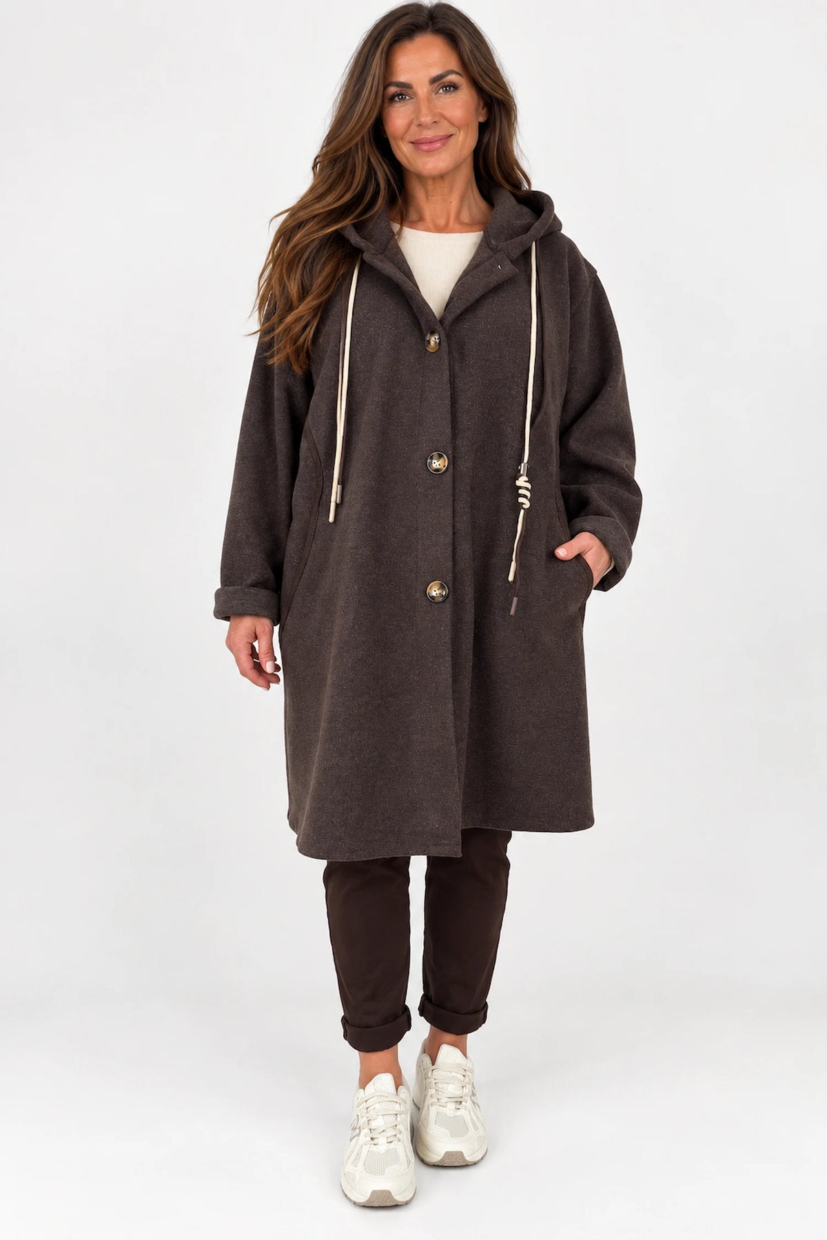 Viera Contrast Trim Double Pocket Drawstring Hooded Button Coat - Chocolate