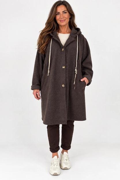 Viera Contrast Trim Double Pocket Drawstring Hooded Button Coat - Chocolate