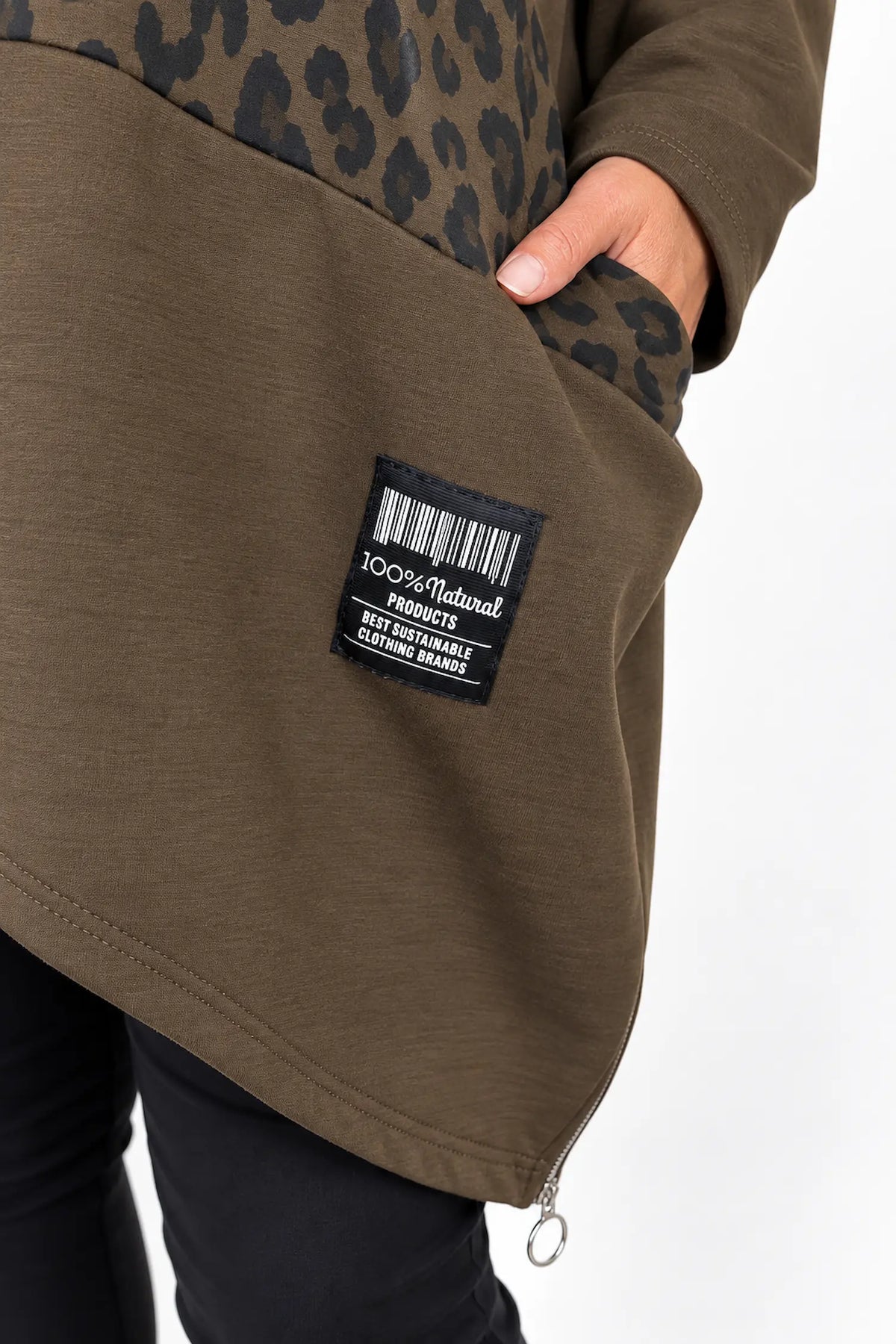 Zipped Hem Leopard Patch Badge Detail Double Pocket Varsia Top - Chocolate