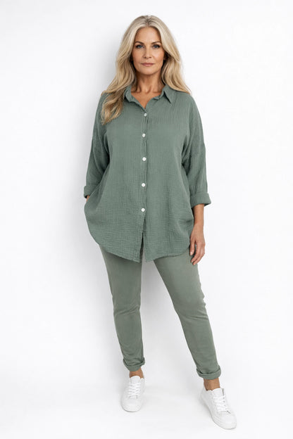 Pure Bubble Cotton Mesh Sleeve/Back Detail Celeste Button Shirt - Khaki