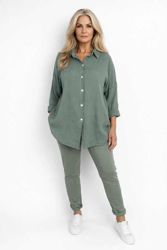 Pure Bubble Cotton Mesh Sleeve/Back Detail Celeste Button Shirt - Khaki