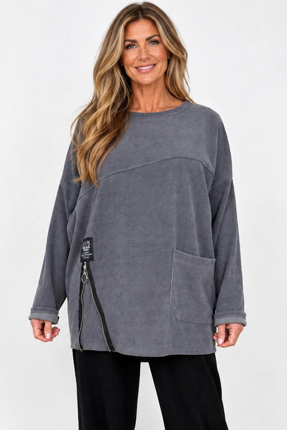 Zipped Hem Badge Detail Ciello Pocket Top - Wolf Grey