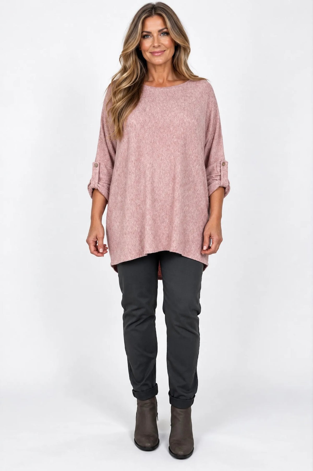 Fine Knit Button Sleeve Batwing Angelica Top - Fleck Rosewood Pink