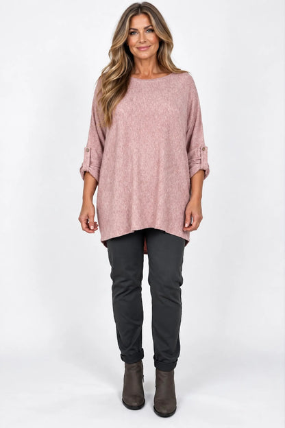 Fine Knit Button Sleeve Batwing Angelica Top - Fleck Rosewood Pink