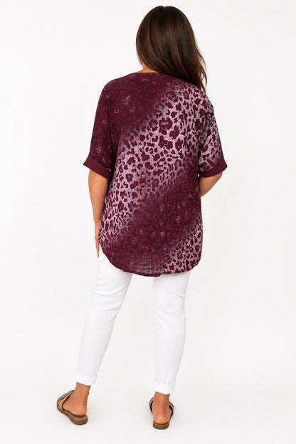 Pure Cotton Leopard Felicity One Button Shirt - Grape