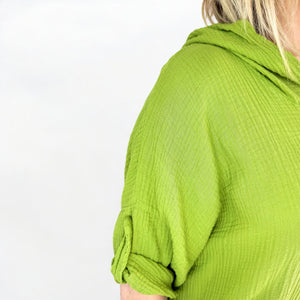 Badge Detail Button Sleeve Bubble Cotton Mara Pocket Hoodie - Lime Green