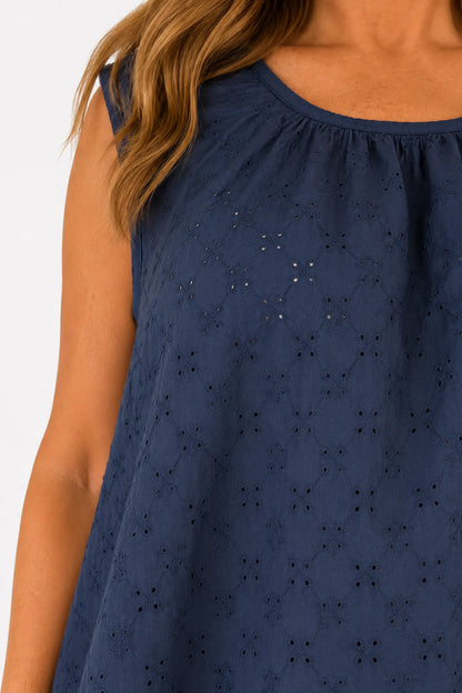 Pure Cotton Embroidery Anglaise Mica Vest - Navy