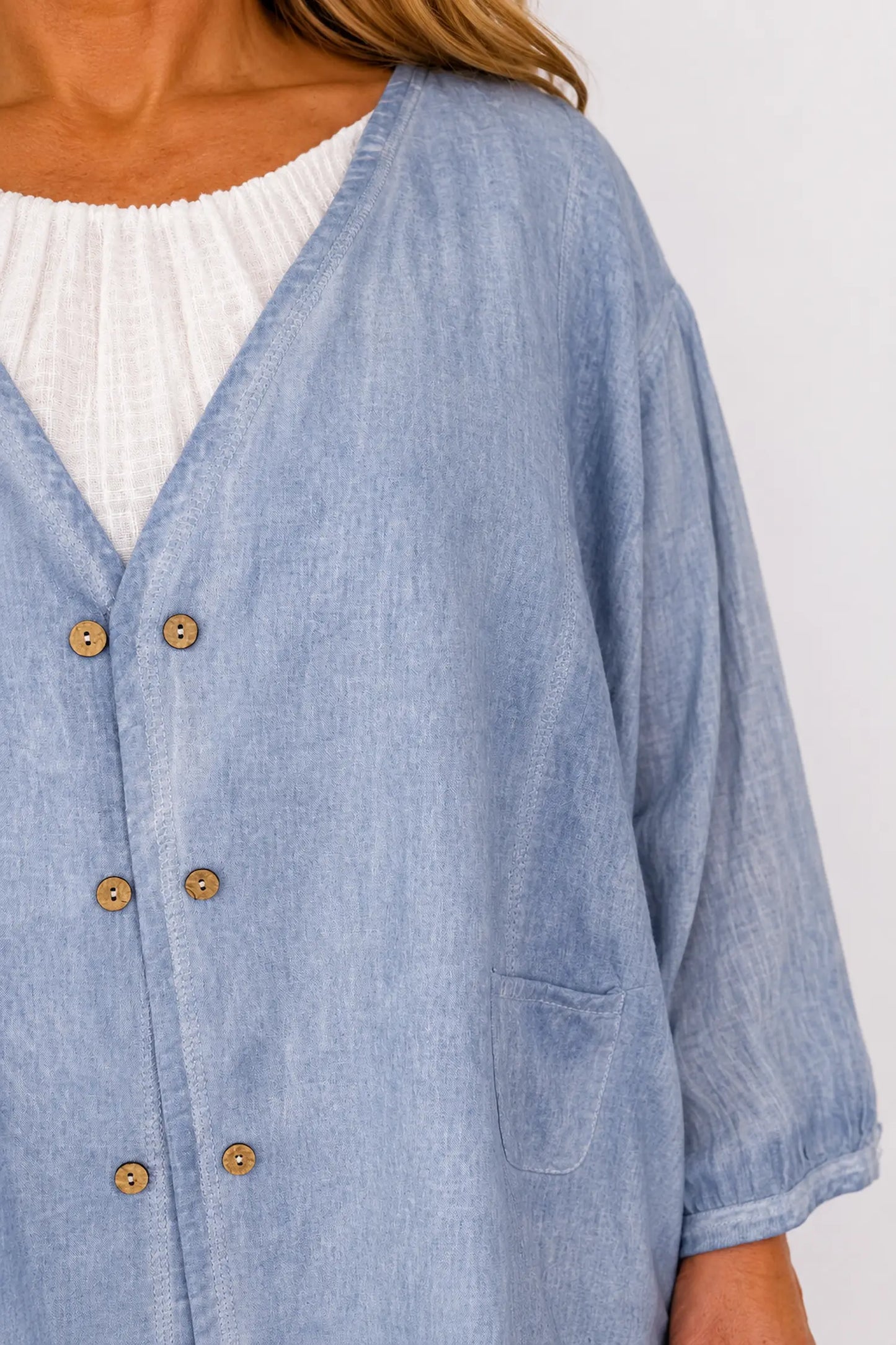 Pure Cotton Double Pocket Lara Button Jacket - Washed Denim