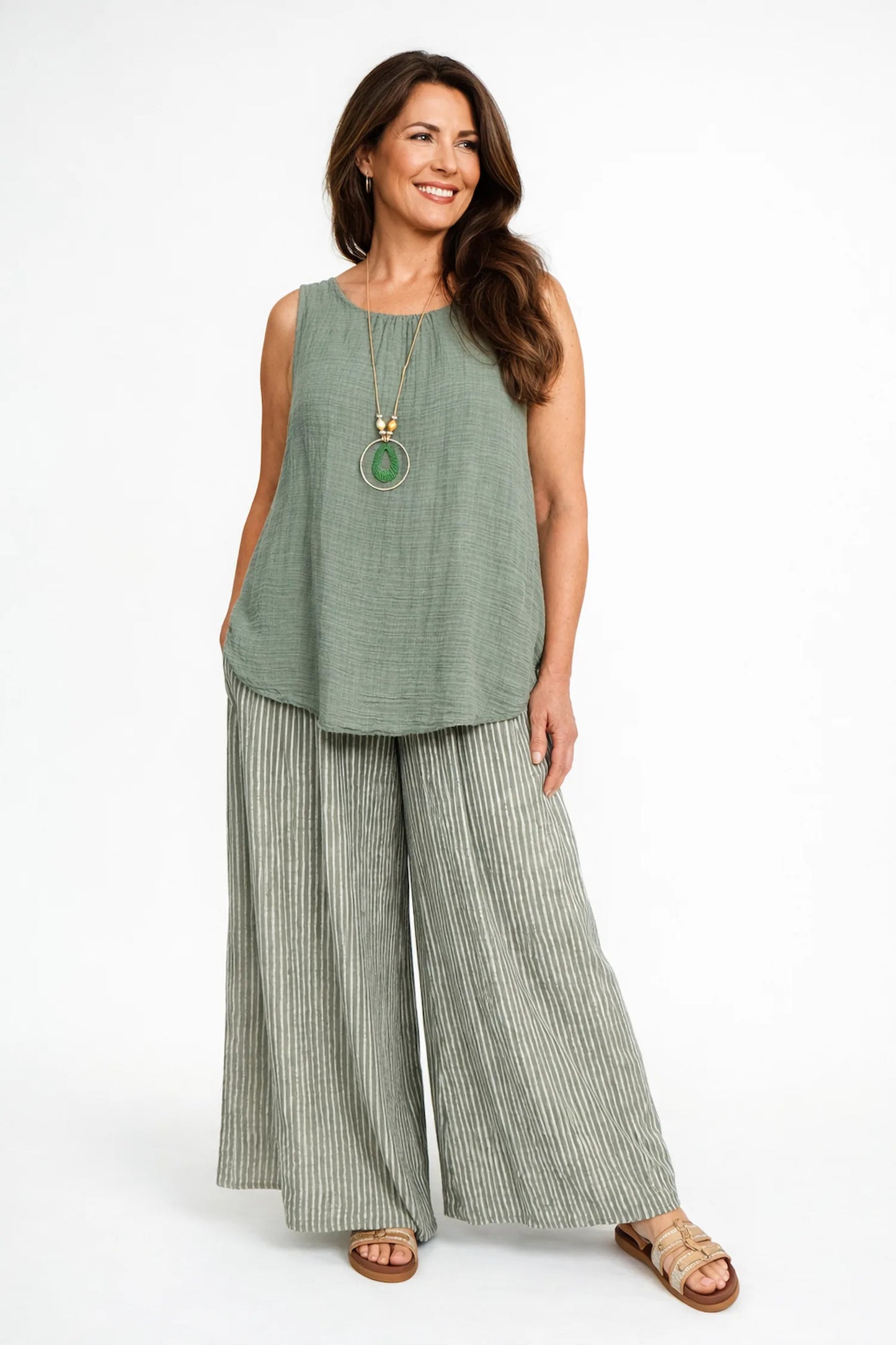 Pure Cotton Smocked Waist Striped Fiora Wide Leg Pants - Khaki