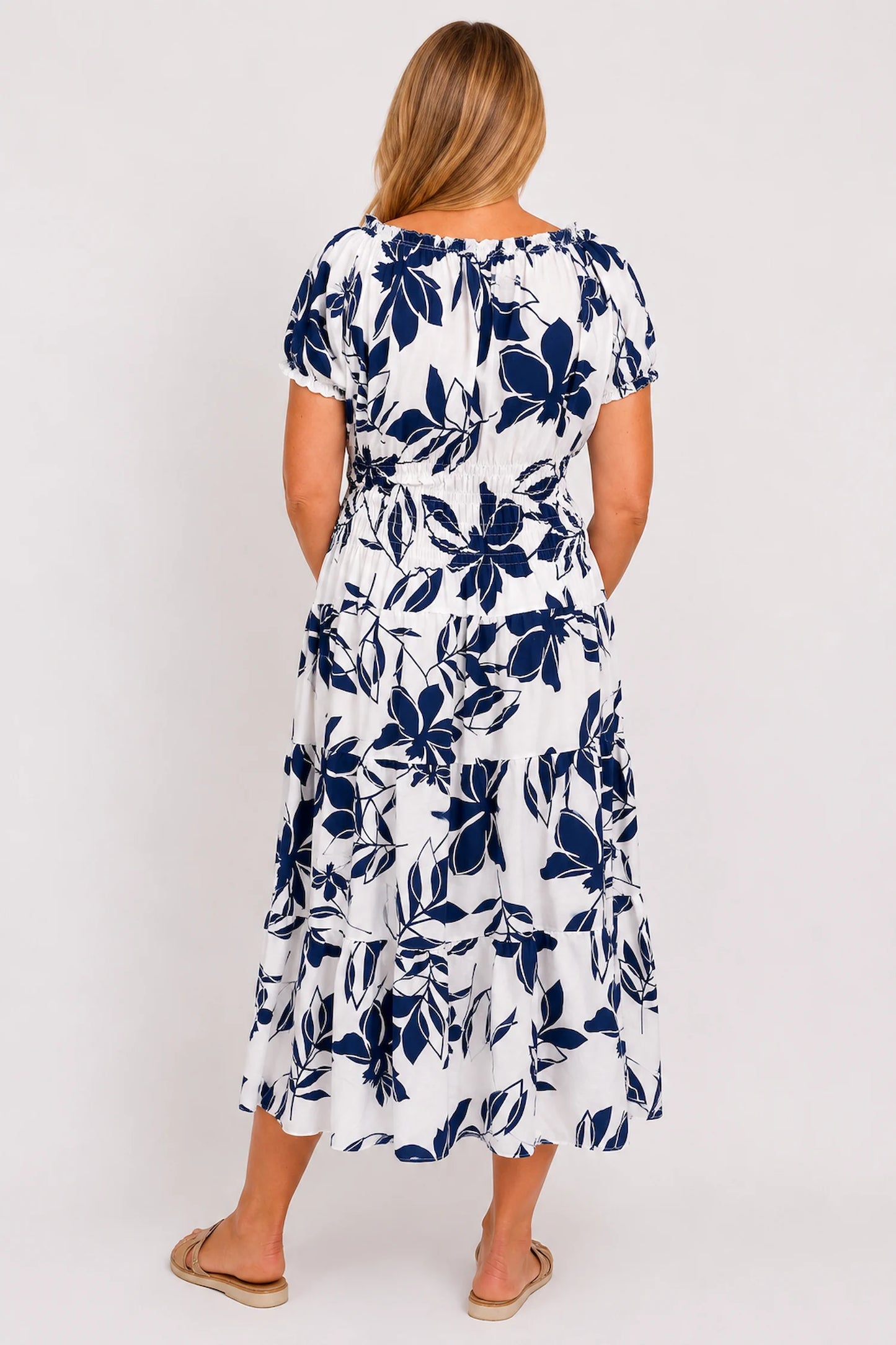 Button Detail Elasticated Waist Panel Floral Endless Summer Dress - Navy