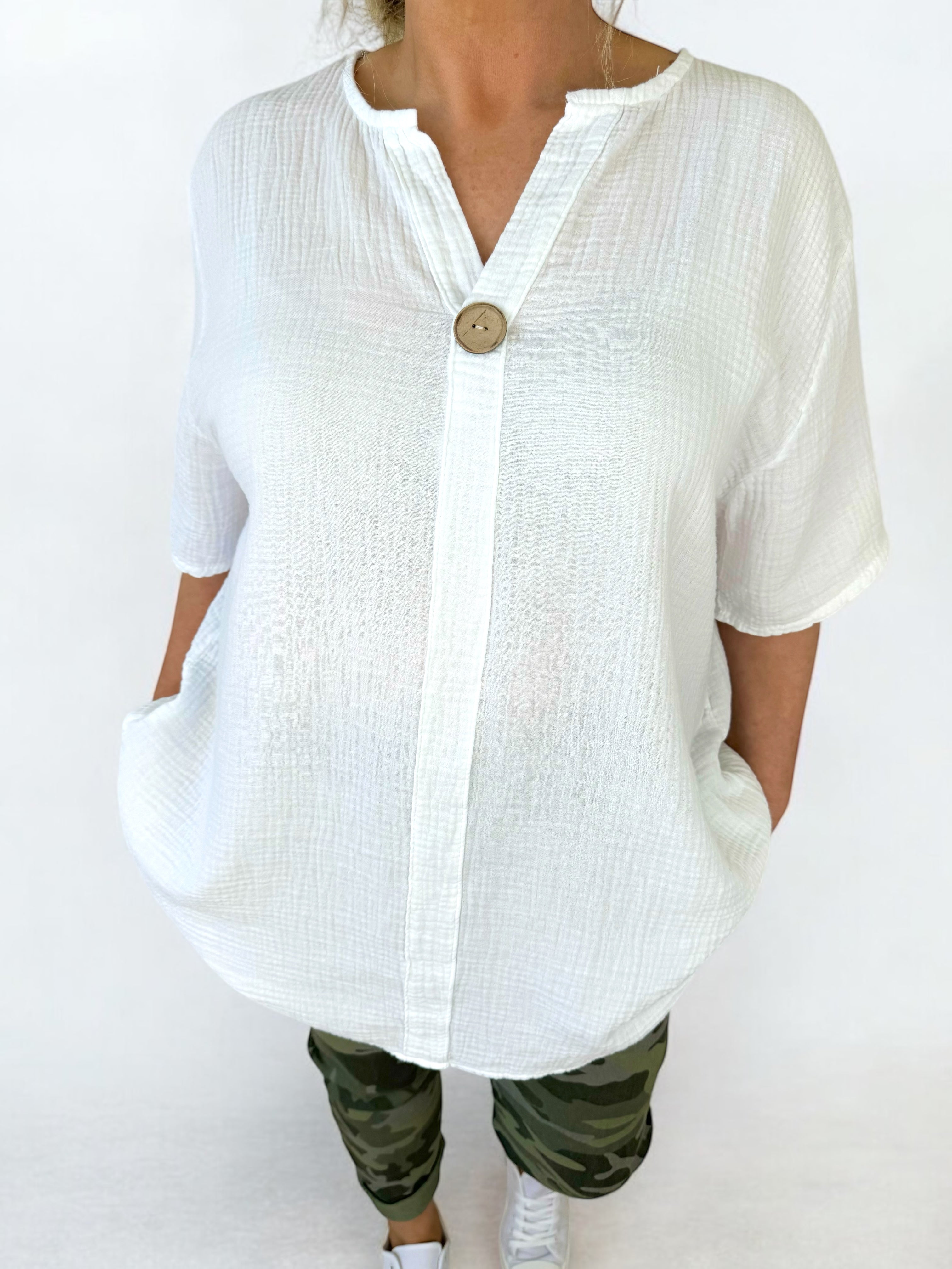 Pure Bubble Cotton One Button Siera Top - White