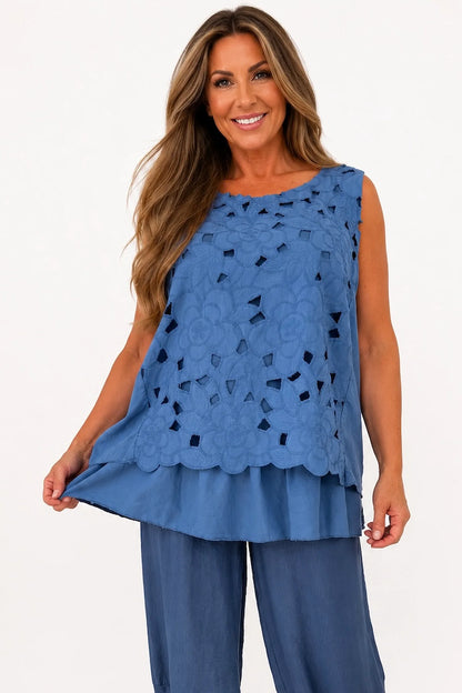 Pure Cotton Fully Lined Embroidery Anglaise Missi Vest - Denim