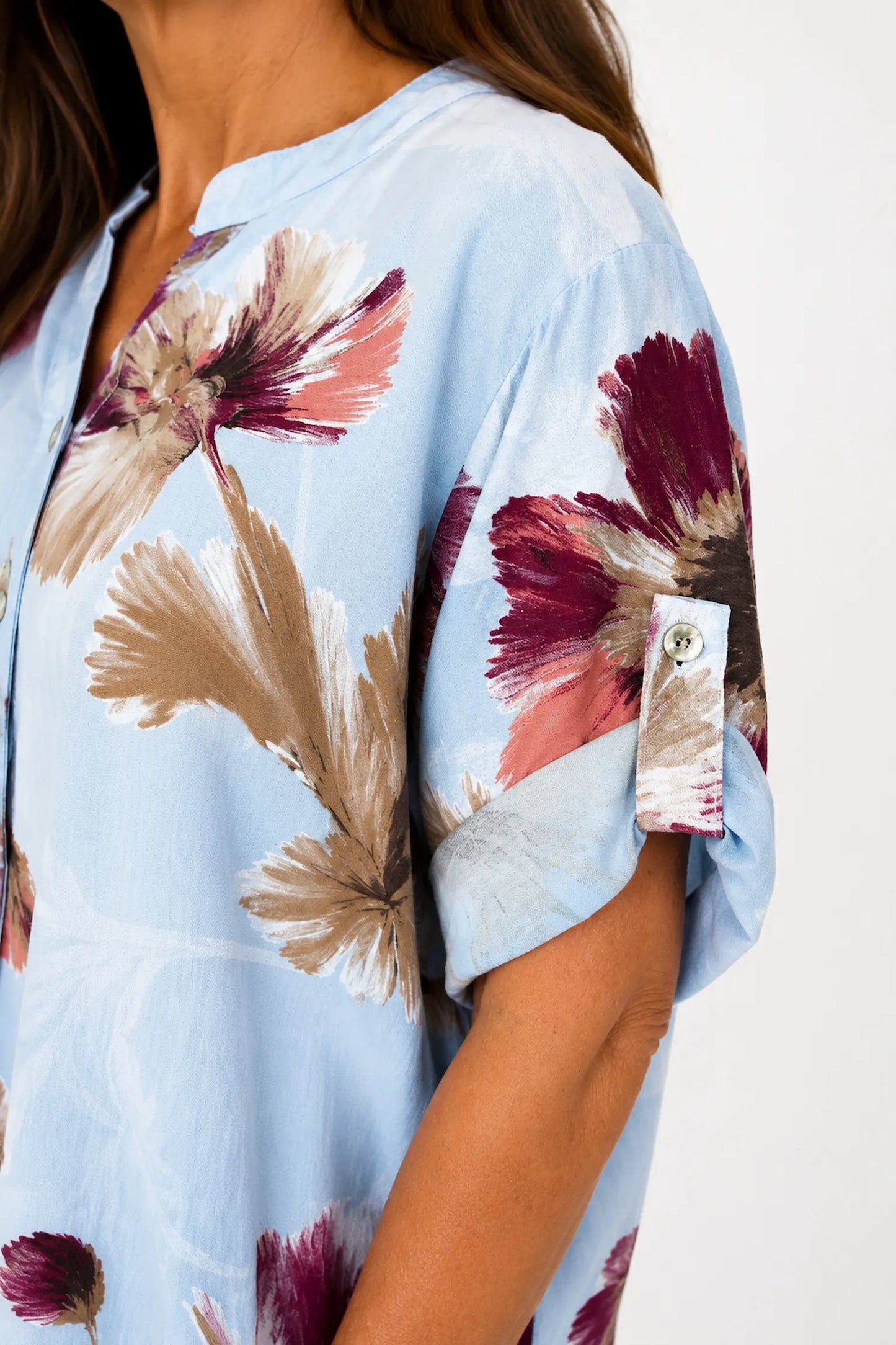 Button Sleeve Drawstring Hem Mary Floral Shirt - Baby Blue