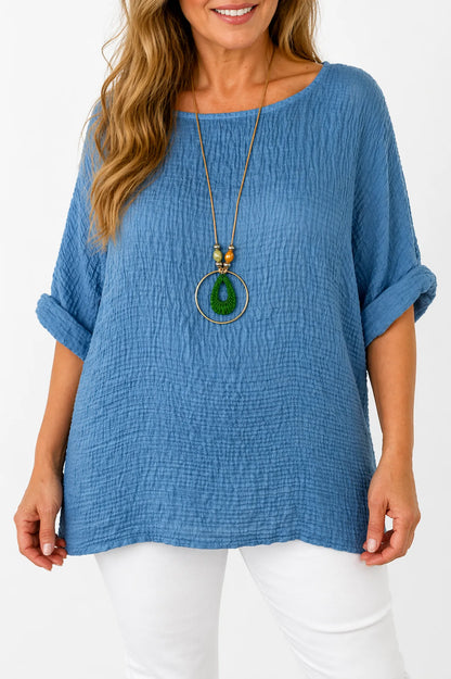 Lightweight Soft Crinkle Texture Lunae Necklace Top - Denim