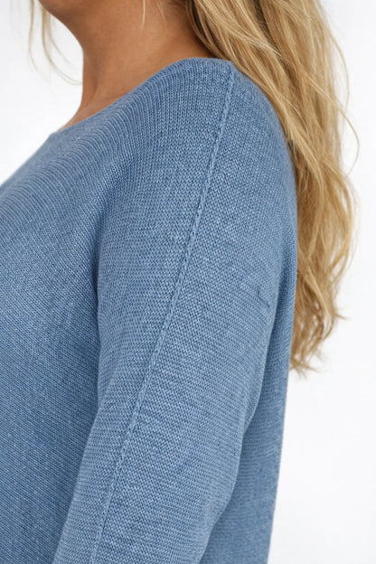 Pure Cotton Seam Sleeve Ariana Spring Knit Top - Denim