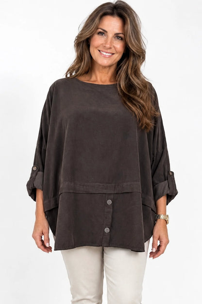 Pure Cotton Needlecord Button Sleeve Button Detail Riviera Top - Chocolate