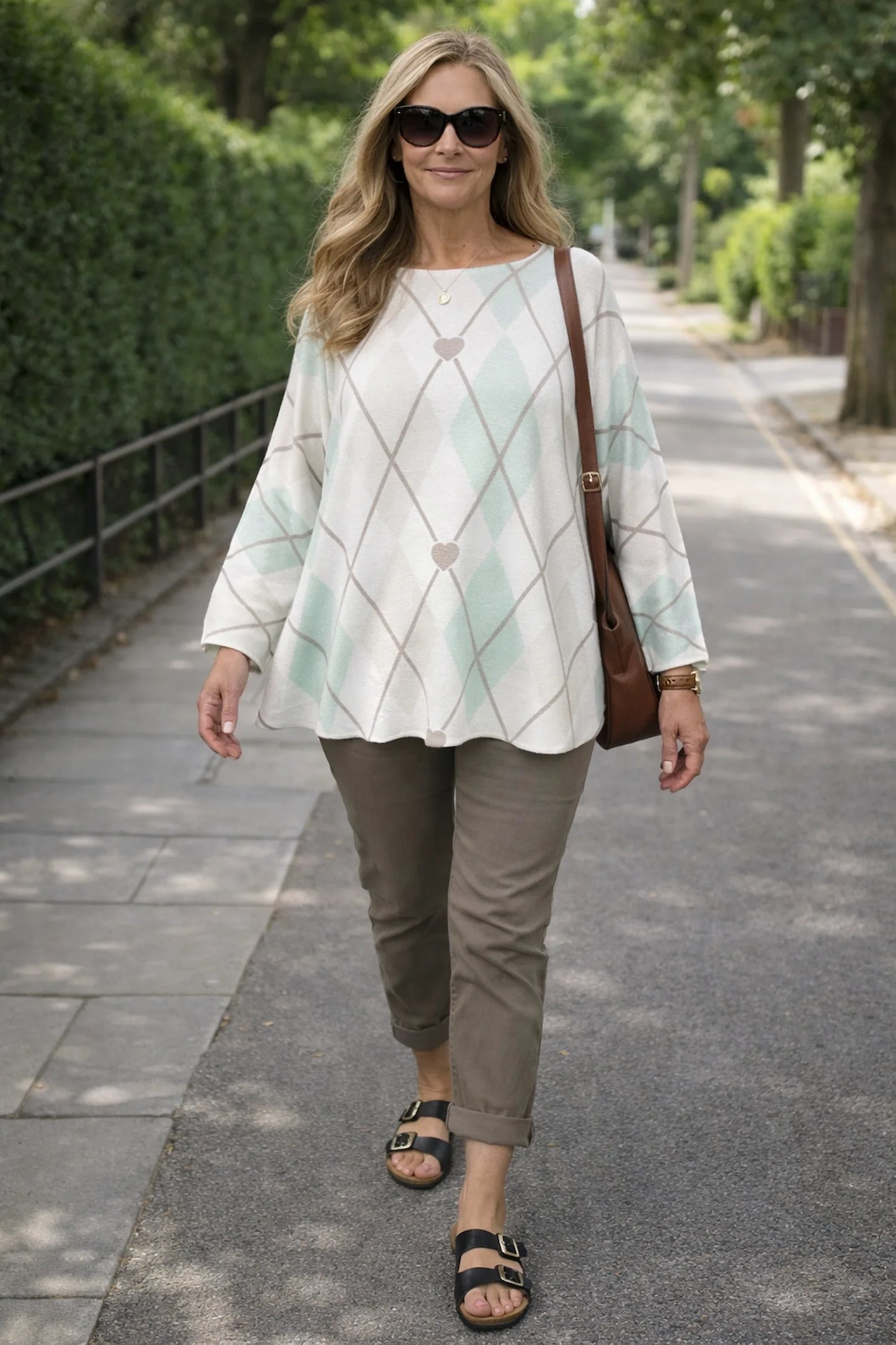 Premium Spring Knit Argyle Heart Florentina Seam Sleeve Top - Mint/Beige