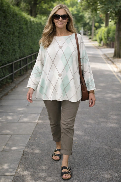 Premium Spring Knit Argyle Heart Florentina Seam Sleeve Top - Mint/Beige