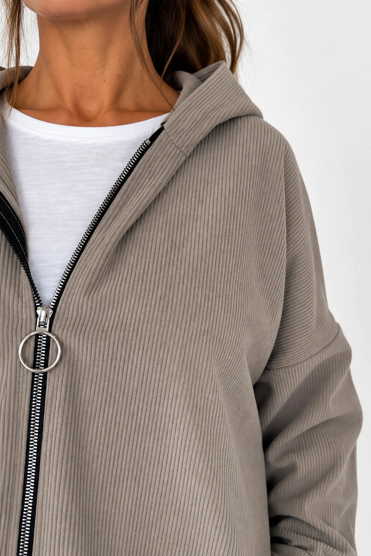 Double Pocket Zipped Cord Darci Hooded Jacket - Mocha