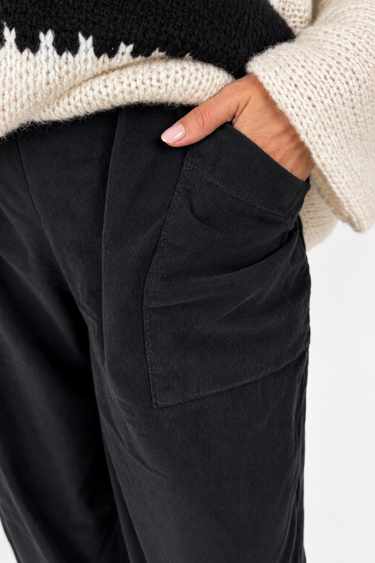 Pure Cotton Needlecord Double Panel Pocket Elasticated Waist Fara Pants - Black