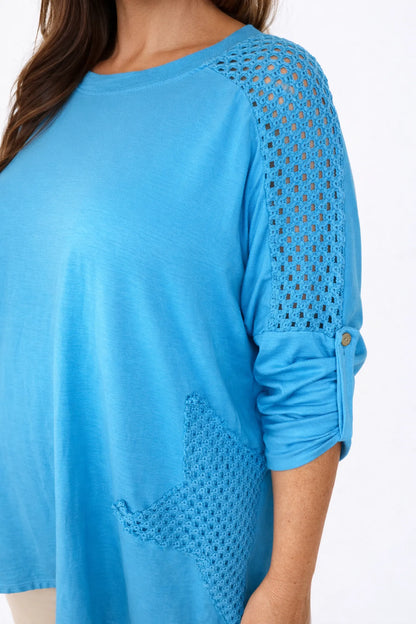 Cotton Crochet Detail Charmaine Button Sleeve Top - Turquoise