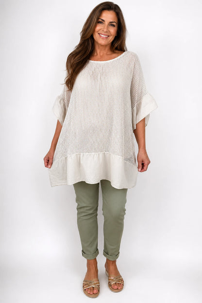 Amari Pure Cotton Frill Sleeve/Hem Mesh Top - Beige