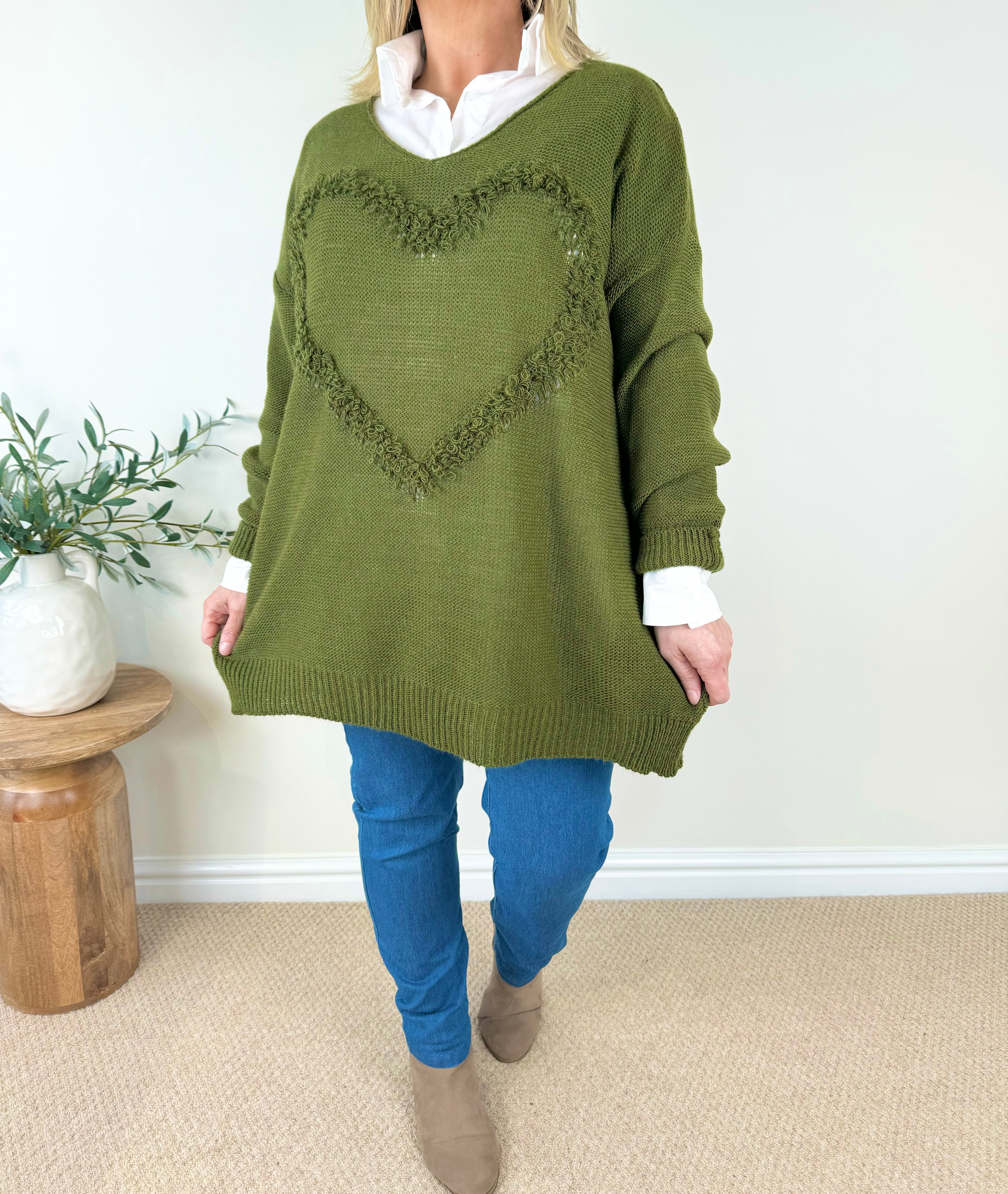 Tanya Wool Mix Soft Knit Heart Jumper AW24 - Forrest Green