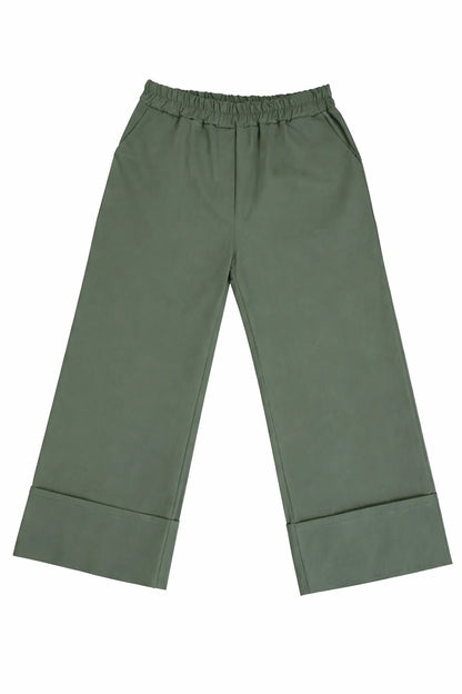 Stretch Wide Leg Capri Double Pocket Cuff Trouser - Khaki
