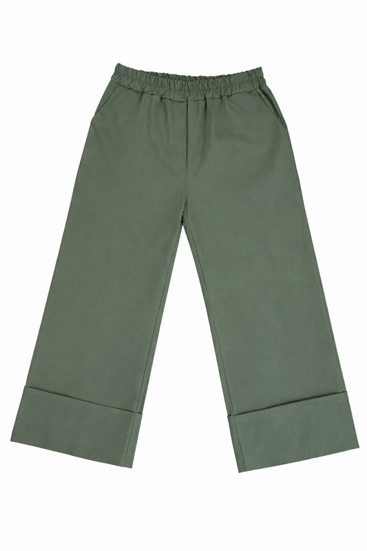 Stretch Wide Leg Capri Double Pocket Cuff Trouser - Khaki