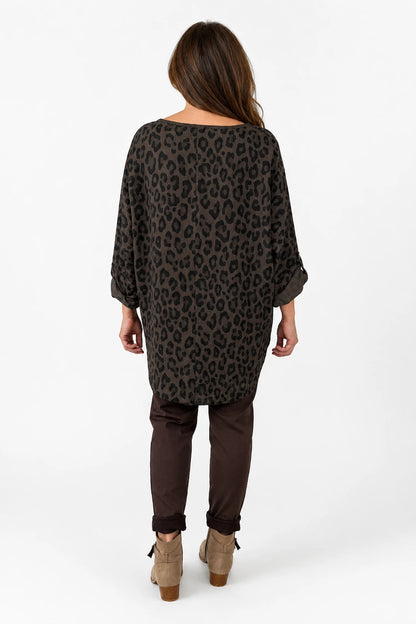 Button Sleeve Tatiana Leopard Top - Chocolate