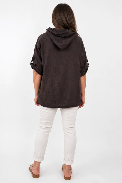 Pure Bubble Cotton Button Sleeve Badge Detail Pocketed Zara Hoodie - Chocolate