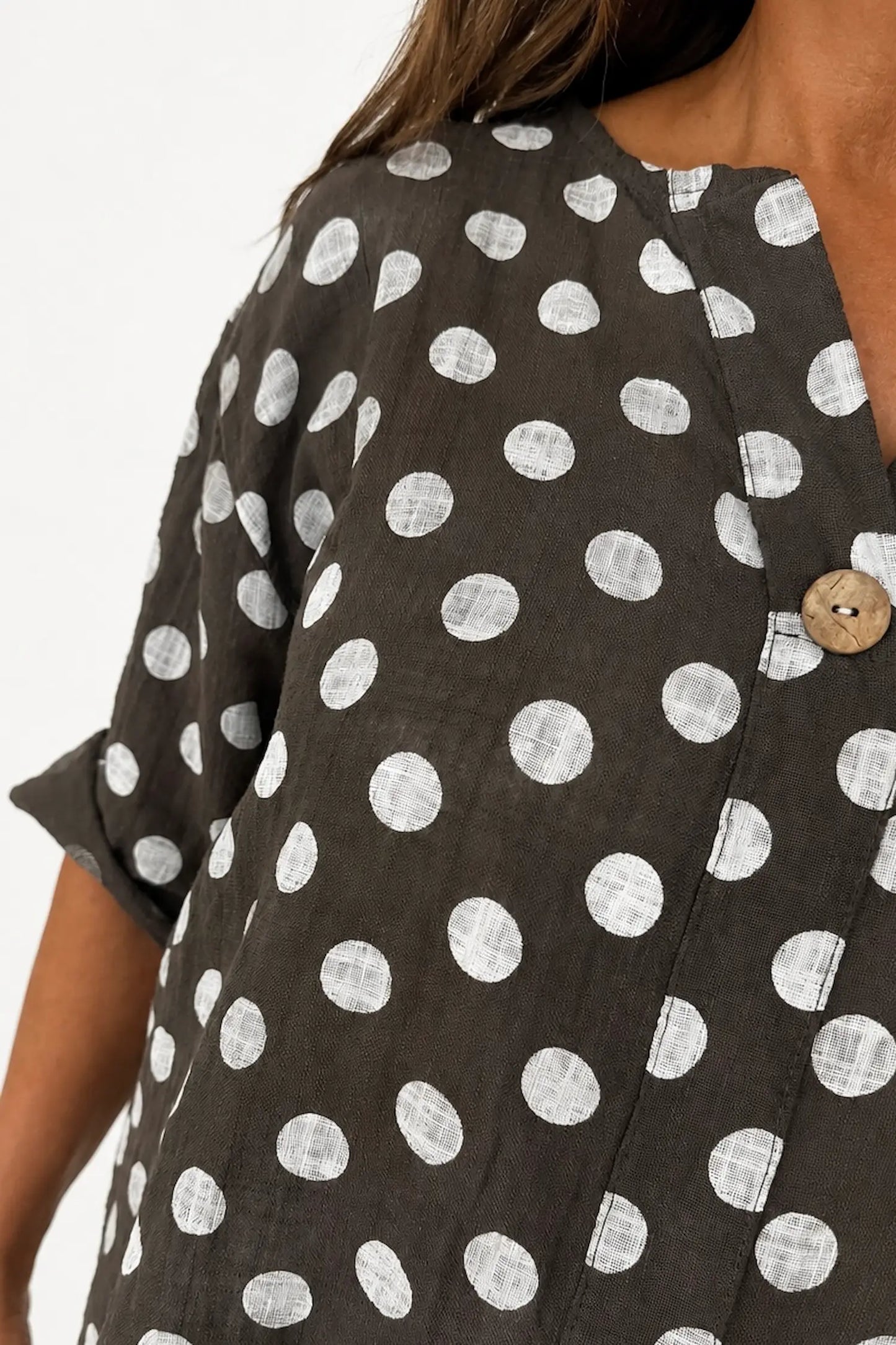 Pure Cotton Polka Dot Kara Button Shirt - Chocolate