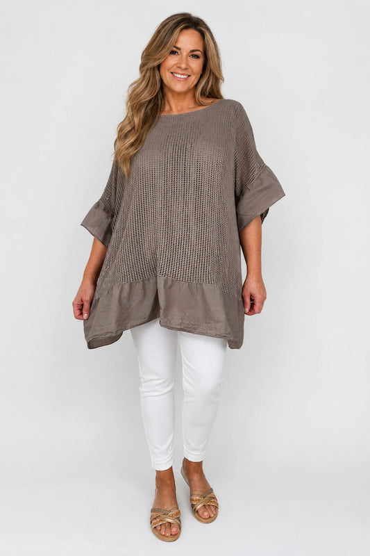 Amari Pure Cotton Frill Sleeve/Hem Mesh Top - Mocha