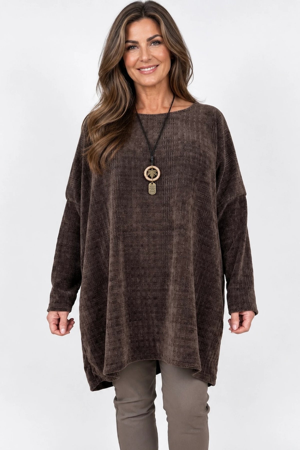 Victoria Chenille Necklace Tunic Top - Chocolate