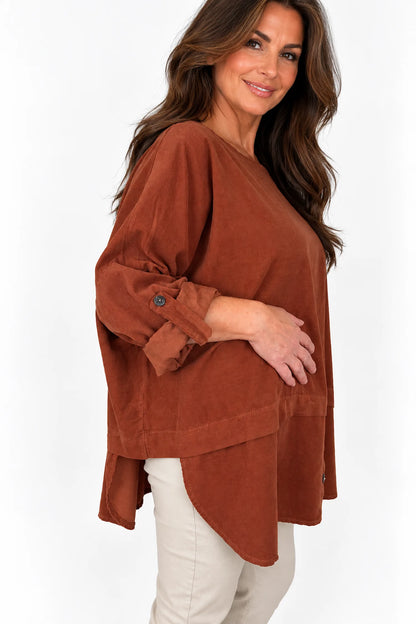 Pure Cotton Needlecord Button Sleeve Button Detail Riviera Top - Burnt Orange