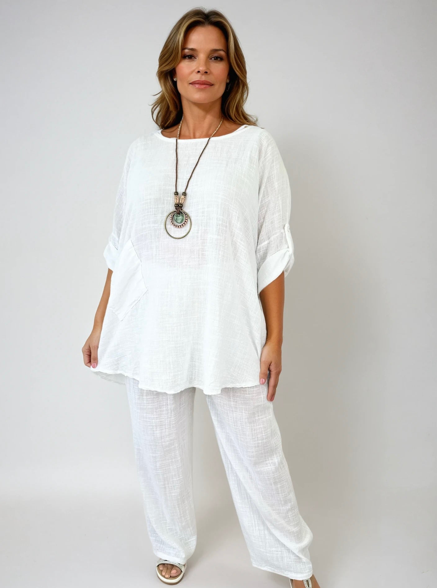 Pure Cotton Pocket Detail Button Sleeve Venice Necklace Top - White