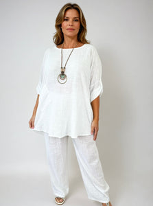Pure Cotton Pocket Detail Button Sleeve Venice Necklace Top - White