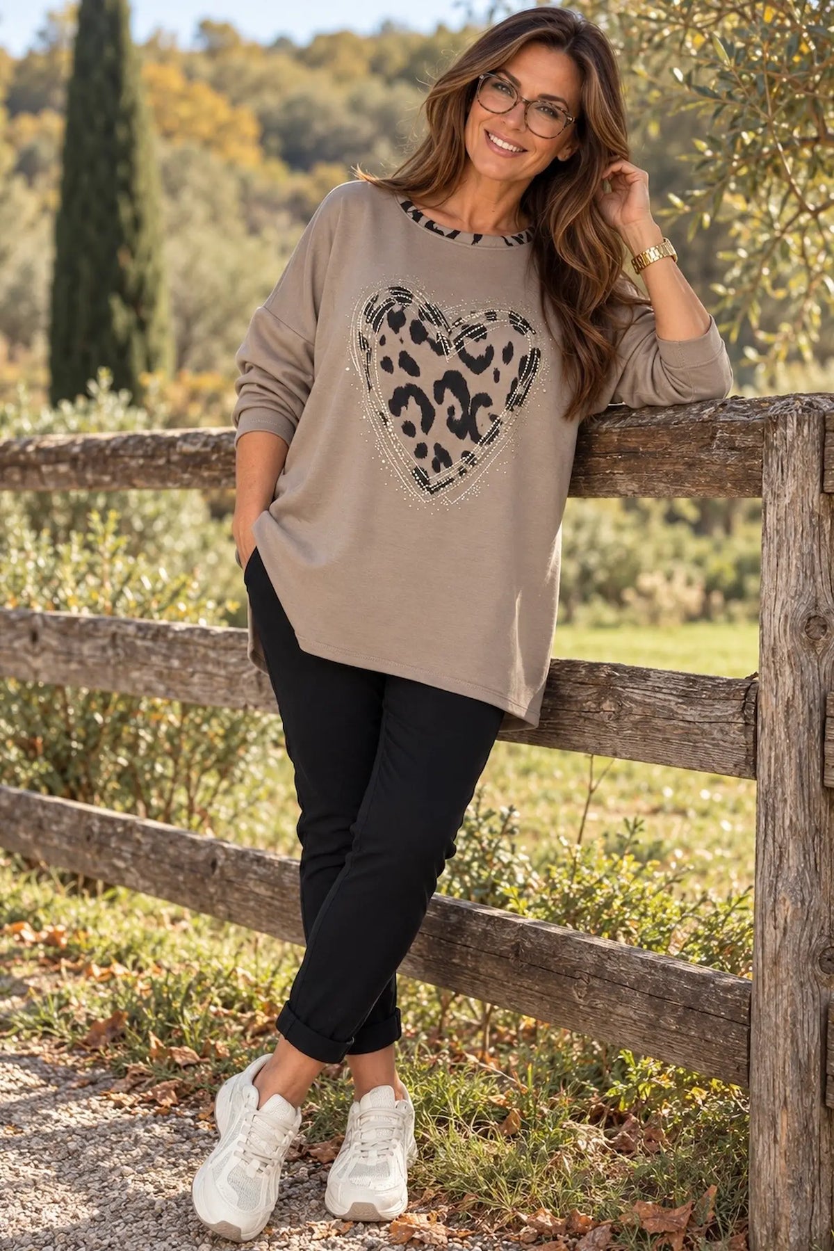 Leopard Trim Diamanté Heart Lexi Top - Mocha
