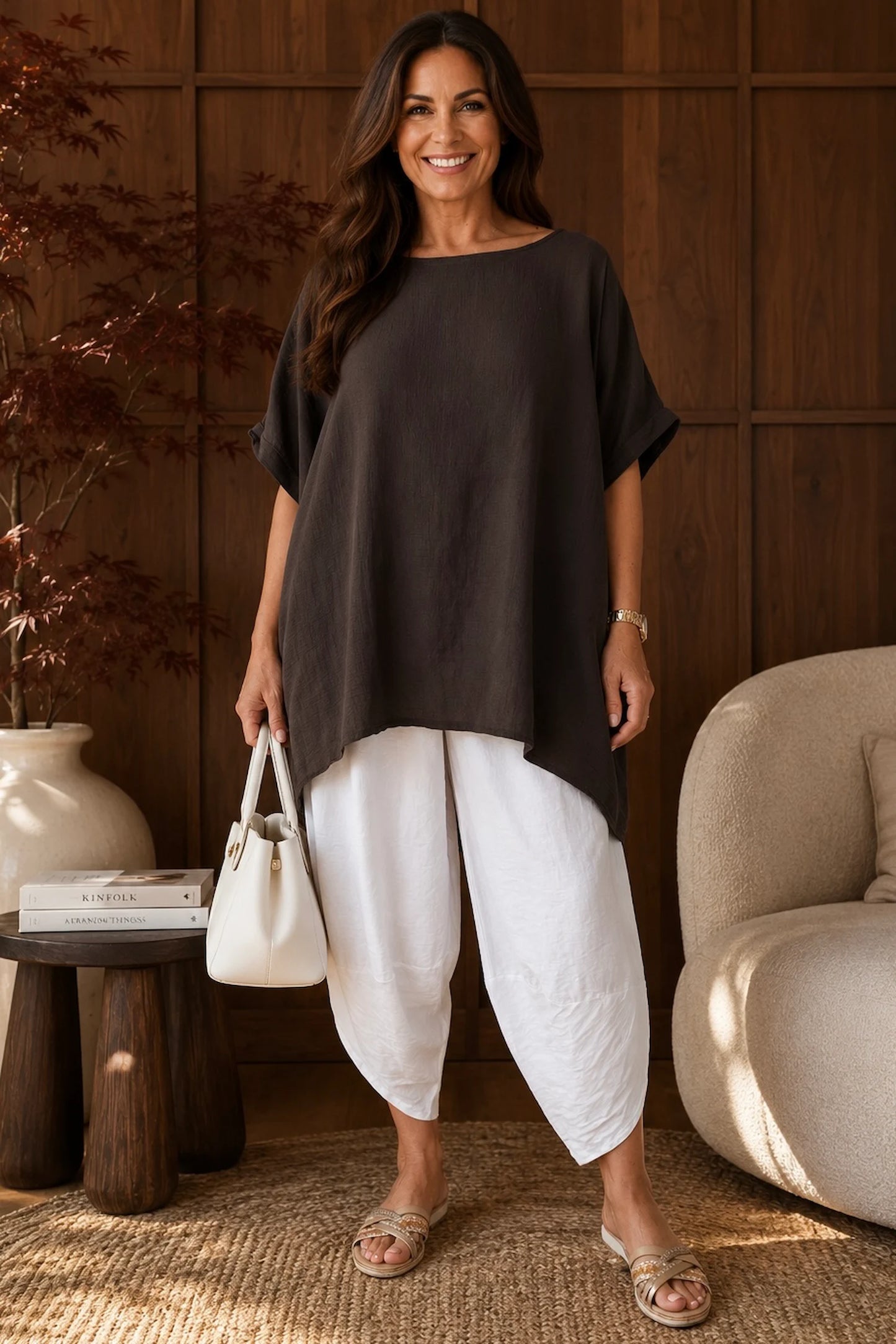 Pure Cotton Premium Stitch Button Back Jenni Top - Chocolate