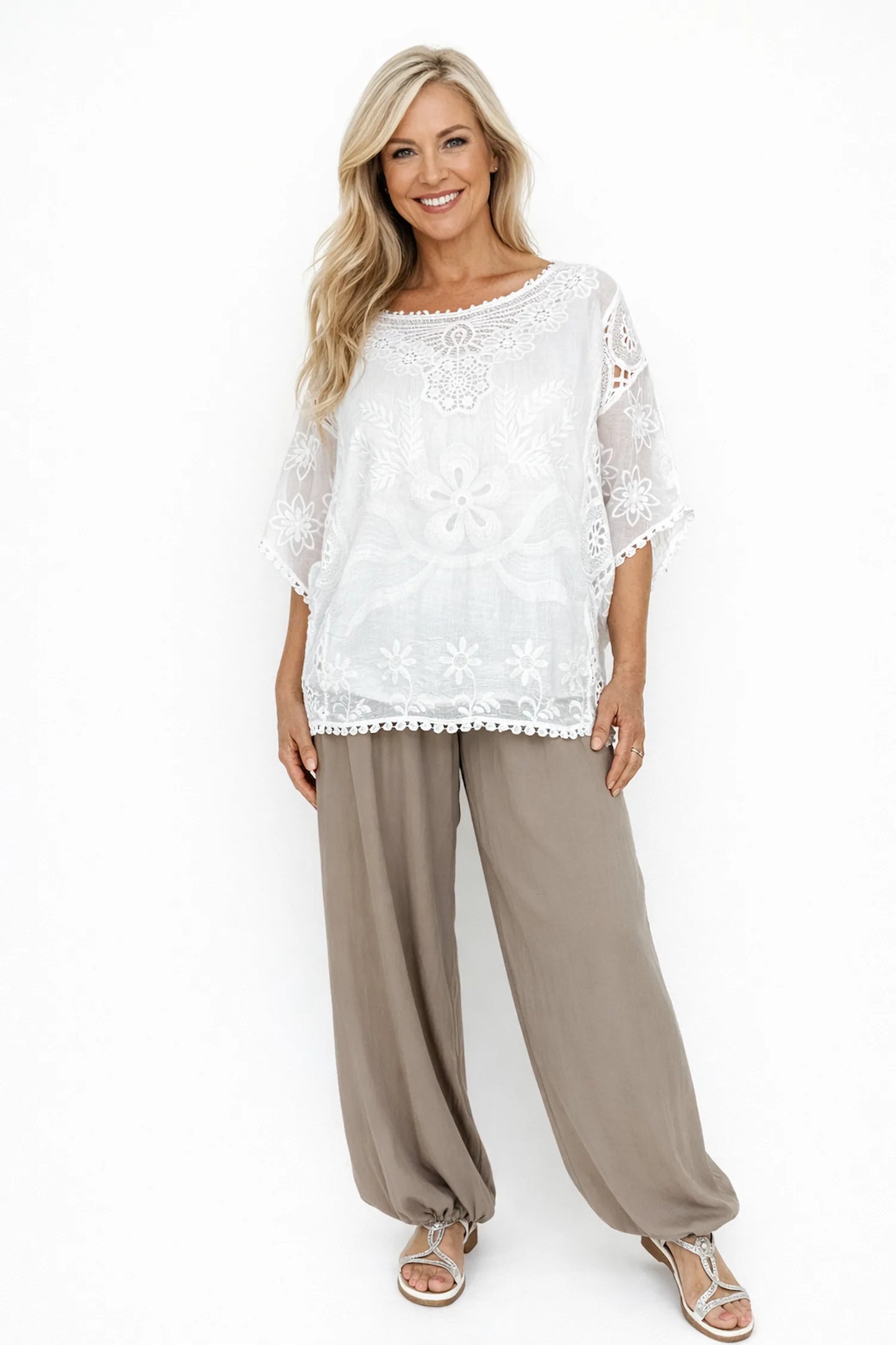 Pure Cotton Embroidery Anglaise Crochet Detail Batwing Viviana Top - White