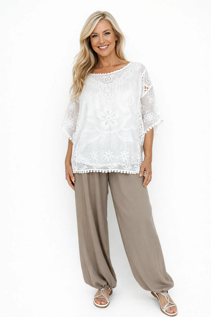 Pure Cotton Embroidery Anglaise Crochet Detail Batwing Viviana Top - White