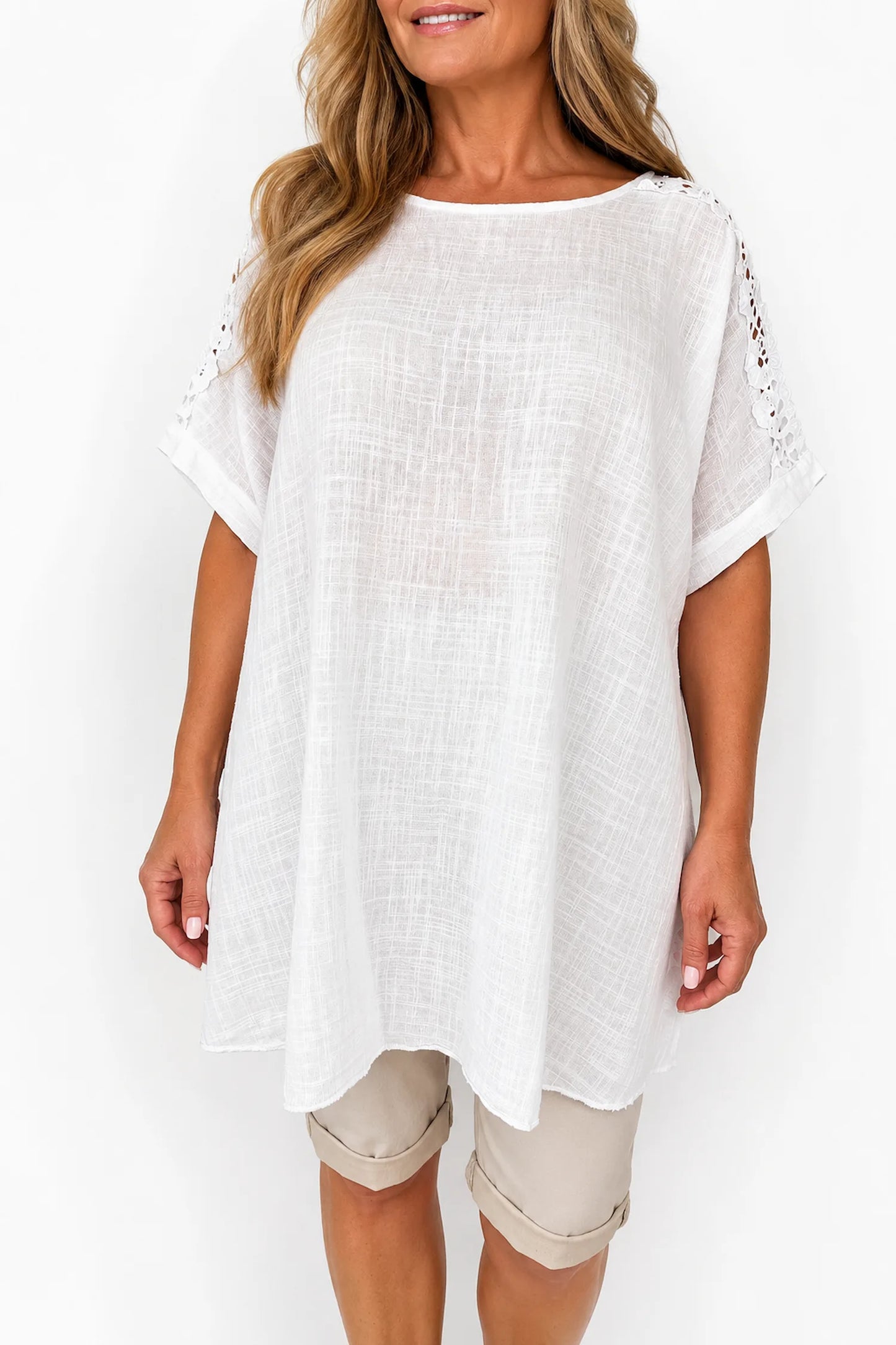 Pure Cotton Embroidered Crochet Sleeve Amira Top - White